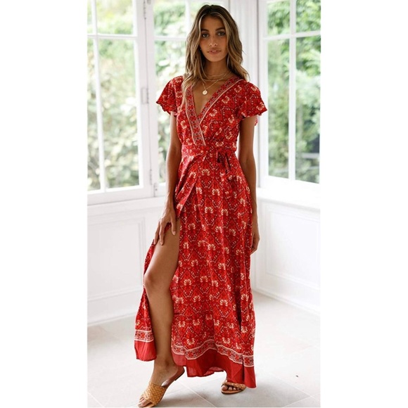 Boho Side Split Deep V Neck Maxi Dress - Picture 2 of 7